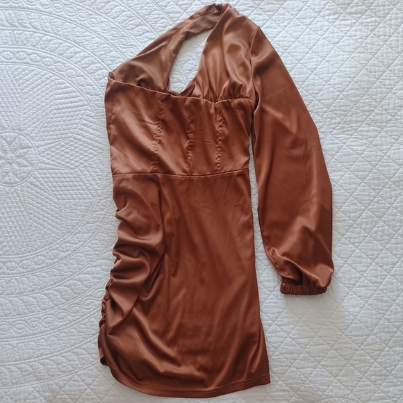 One-Shoulder Bustier Ruched Satin Effect Mini Dress Copper M - Picture 5 of 13